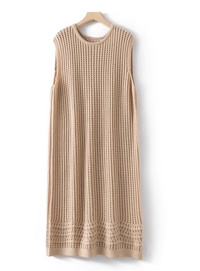 ins风穿搭！细腻亲肤 镂空羊毛 圆领无袖开衩针织连衣裙春L03052