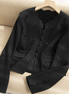 精美珠花装饰！串珠工艺 圆领波浪花边衣襟小众醋酸西装女W08153