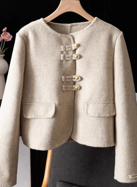 反季短款韩系双面呢外套 羊毛混纺圆领排扣纯色毛呢上衣 S08913