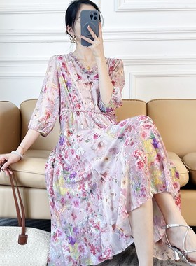 温柔印花V领五分袖中长款连衣裙女L16448