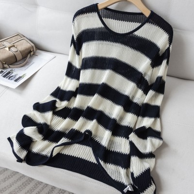 2025新款韩系撞色条纹圆领针织衫女 宽松显瘦不规则长袖M39853