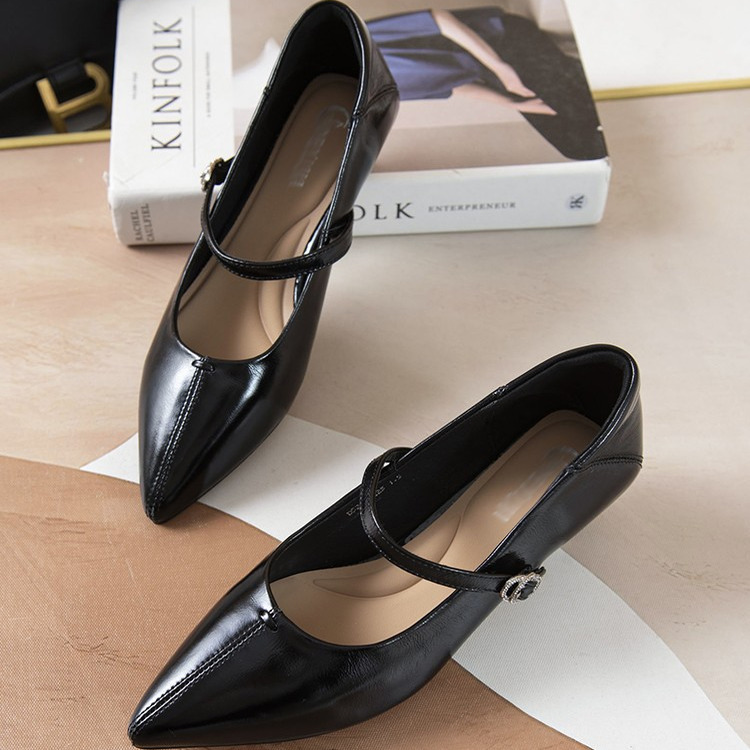 莹润牛皮鞋面！气质尖头浅口一字袢带酒杯跟时尚单鞋女鞋X02432