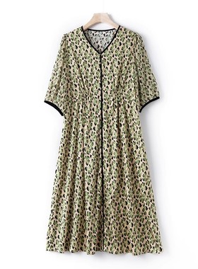 真丝印花裙 V领短袖宽松大码包边工艺桑蚕丝连衣裙女裙 F04513