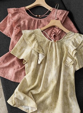 两件套~甜美飞飞袖圆领衬衫+高腰短款休闲裤套装女H14643