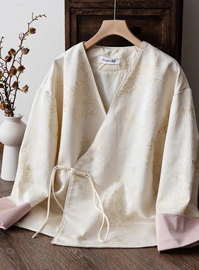 新中式手工盘扣 V领撞色卷袖宽松唐装外套上衣女 W09228