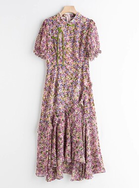 莫奈花园印花新中式连衣裙 不规则裙摆 立领短袖长裙女夏L28843