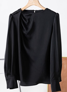 气质通勤款~丝滑垂坠褶裥圆领泡泡袖纯色系休闲春季衬衫女C15723