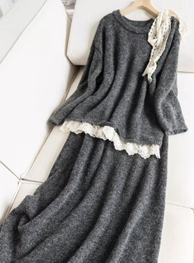 法式慵懒风套装女秋冬韩系蕾丝拼接圆领毛衣+半身裙两件套H24523