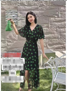 复古大波点印花~层次拼接轻熟知性荷叶袖系腰连衣裙L62943