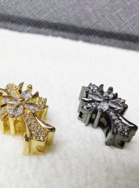 17*11.5mm高保色铜镀金镶钻锆石十字架多通孔隔珠水晶手串diy配件