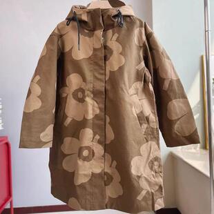 北欧小众情侣款 太阳光印花轻质棉防风防雨 中长款连帽风衣外套女