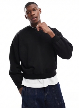 SGC美式BOXY牛角袖短款圆领卫衣420G哈苏线设计感黑色宽松外套男