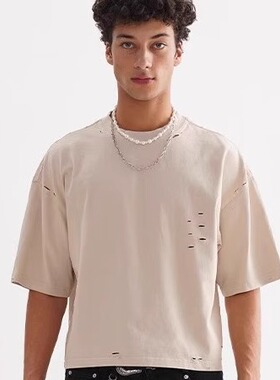 SGC美式复古磨破做旧Boxy短宽款短袖重磅纯棉短款圆领上衣T恤男女