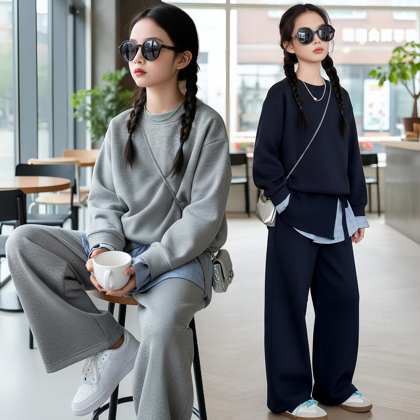 女童春秋套装2026年新款中大童假两件卫衣卫裤两件套格子拼接春装