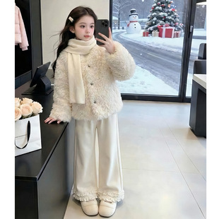 女童外套夹棉秋冬款新款洋气大童加厚保暖毛毛衣冬季加绒裤子套装