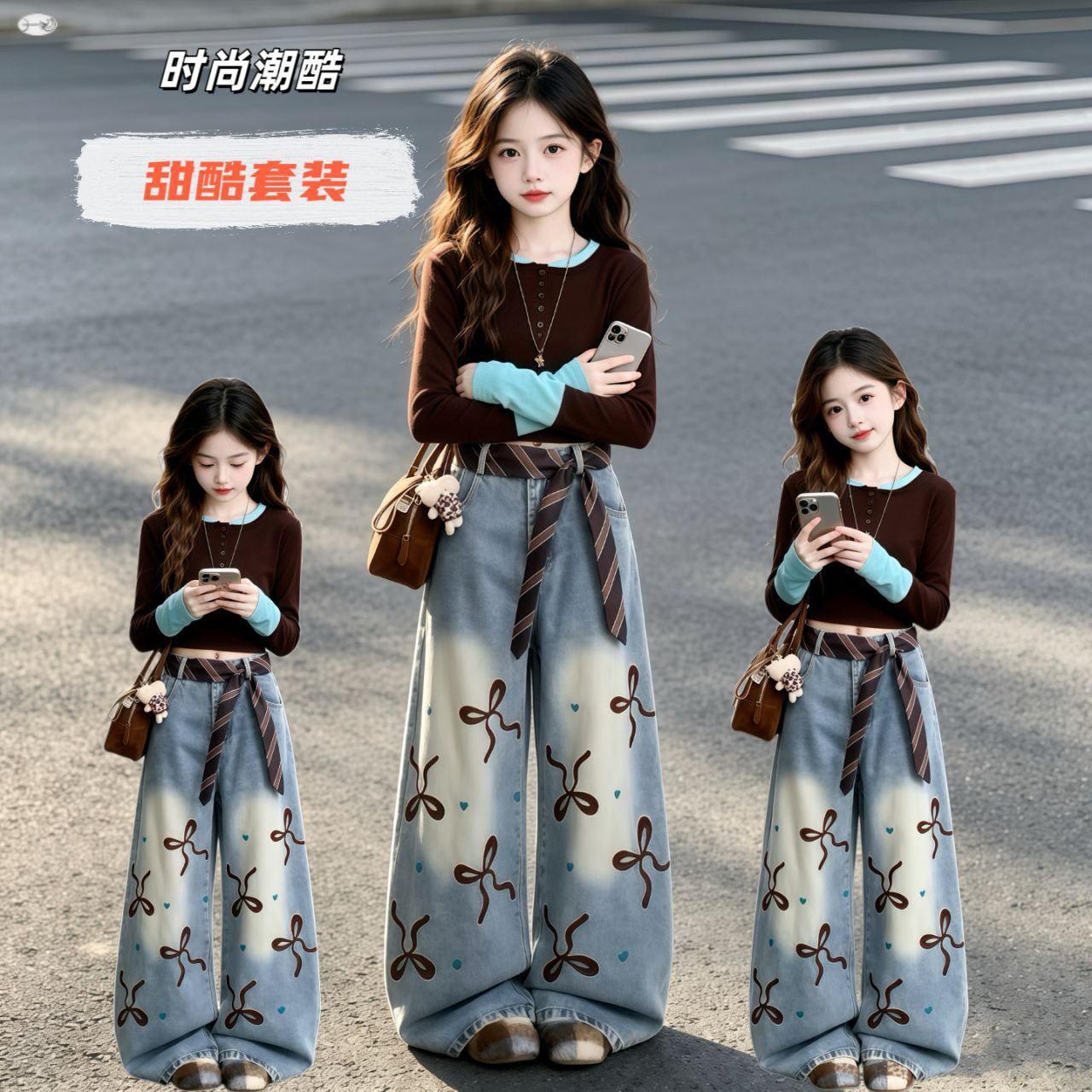女童2026秋装蝴蝶绣花牛仔裤套装不规则假两件T恤韩版炸街两件套