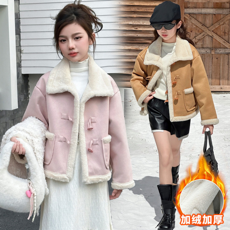 女童冬季外套2025新款皮毛一体加绒加厚中大童儿童短款保暖上衣