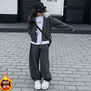 女童秋冬款韩版加绒加厚连帽外套休闲套装中大童时髦洋气儿童冬装