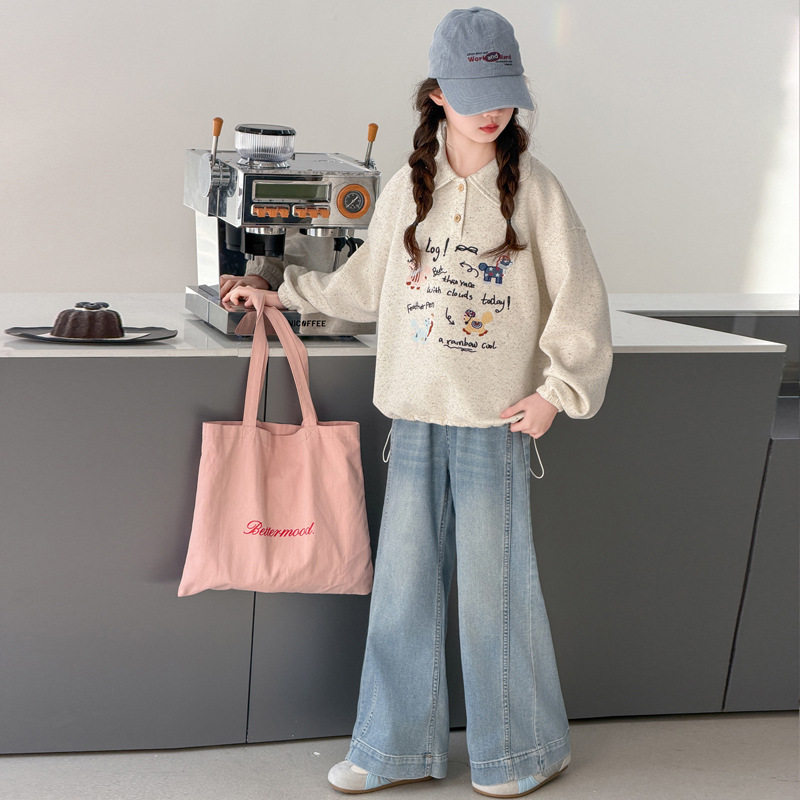 女童卫衣春款套装2026新款儿童洋气刺绣小马POLO衫翻领时髦阔腿裤