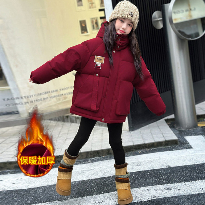 女童红色棉服冬季新款儿童加厚保暖外套女大童连帽面包服冬装棉衣