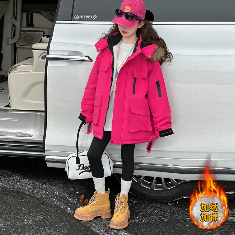女童外套加绒派克服冬季新款中大儿童冬装洋气中长款棉衣加厚棉服