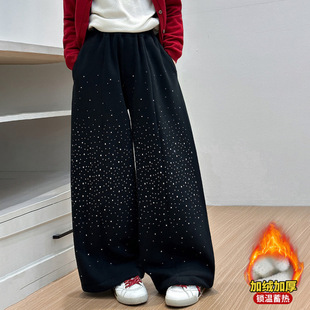 女童裤子加绒冬季新款烫钻阔腿长裤休闲儿童运动一体加厚卫裤保暖