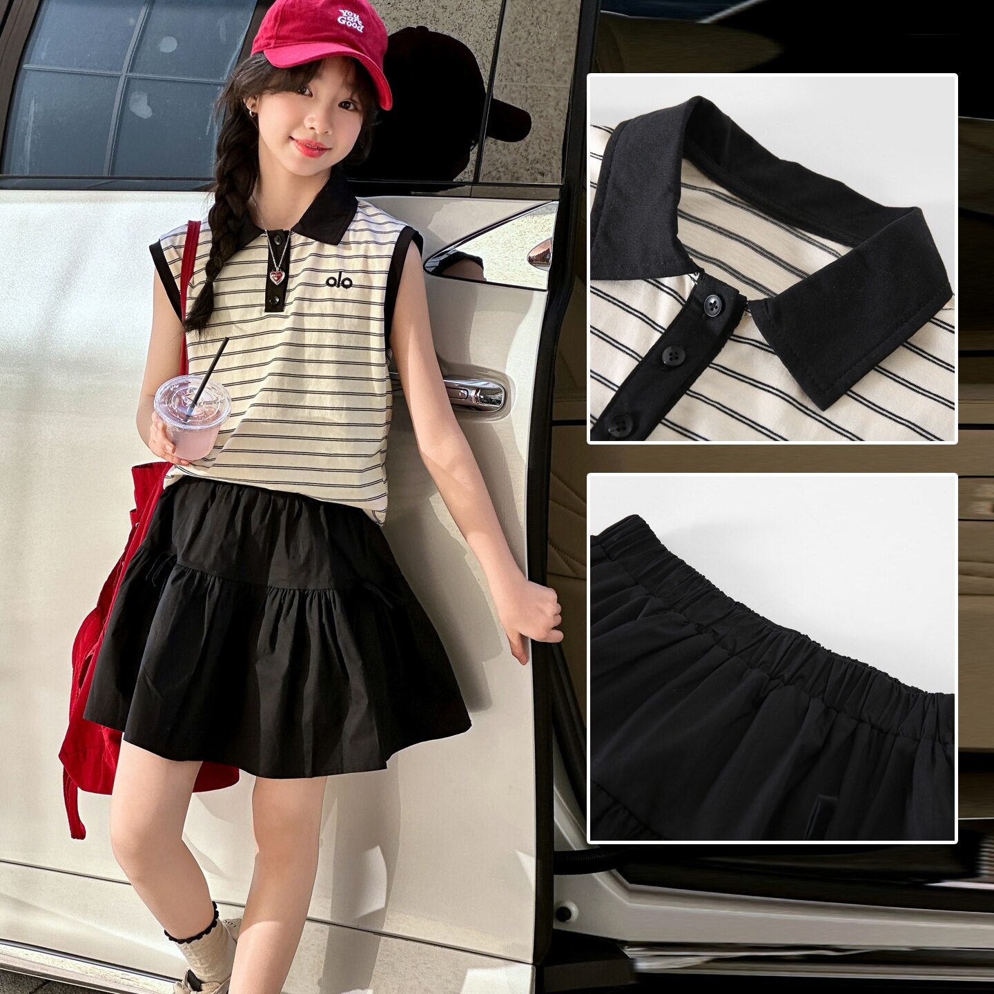 女童夏季套装2026新款女大童韩版无袖polo衫背心短裙学院风两件套