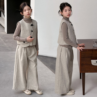 女童韩系套装秋冬装2025新款女大童富家千金呢子马甲阔腿裤三件套