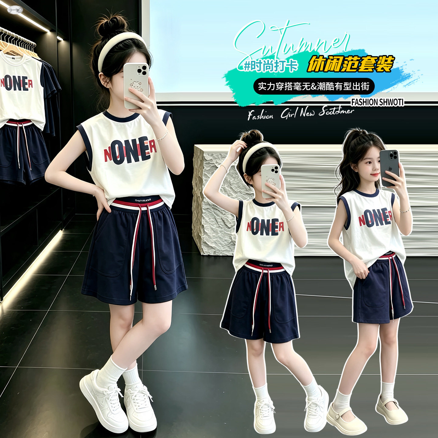 女童休闲运动套装夏季2026新款洋气儿童时髦背心针织短裤两件套潮