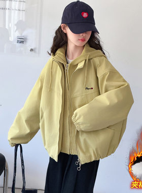 女童外套秋冬加棉加厚连帽韩版宽松洋气毛线假两件穿搭夹克上衣潮