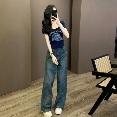 女装夏装套装2025新款爆款宝蓝色烫钻短袖t恤高腰满钻阔腿牛仔裤