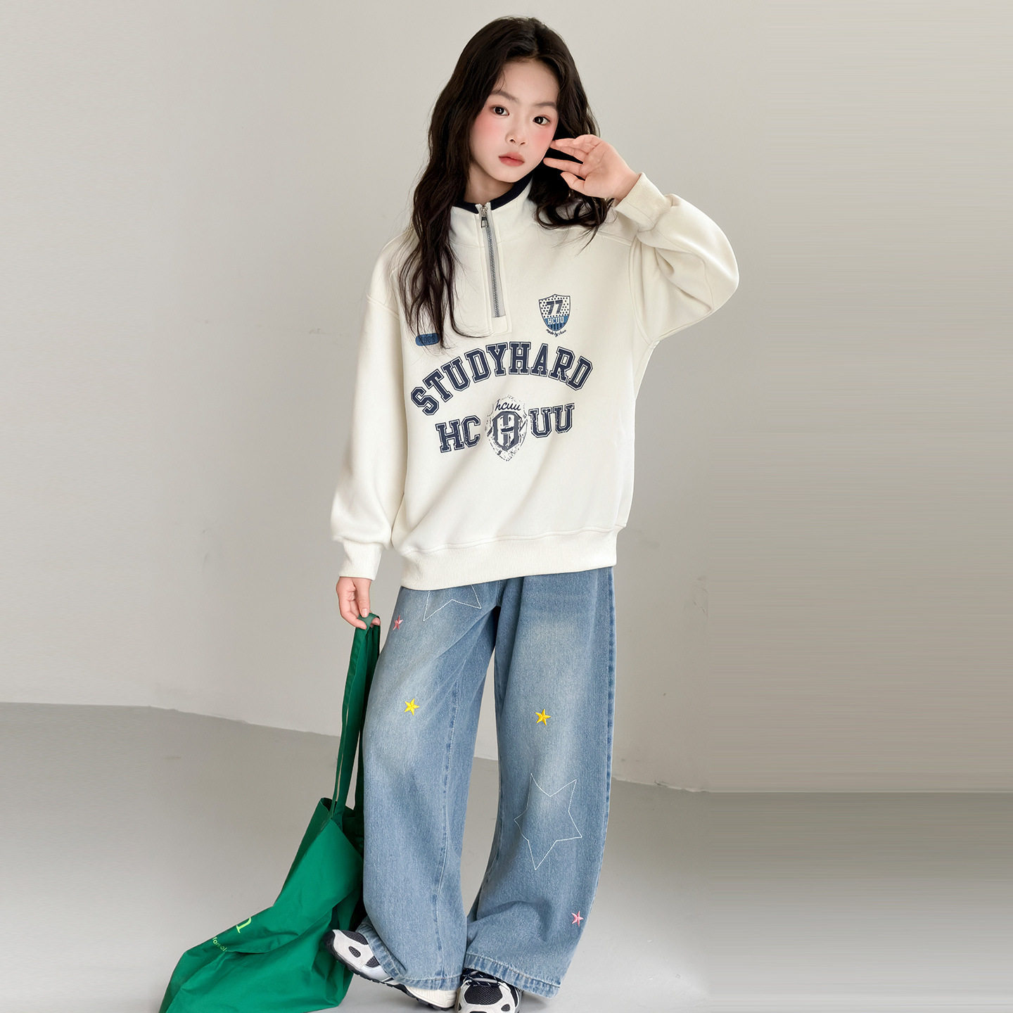 女童春秋款韩版休闲卫衣牛仔裤套装女大童初中生洋气时髦儿童春装