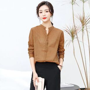 女款棉麻新款设计感立领前短后长宽松长袖衬衫V领文艺小清新上衣