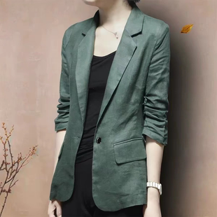 棉麻小西装外套早秋薄款修身显瘦亚麻西服七分袖女士大码休闲上衣