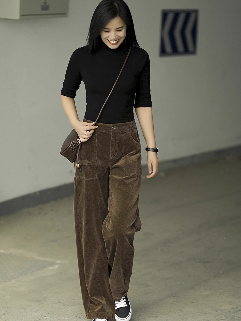 灯芯绒阔腿裤女2025新款冬季高腰显瘦百搭宽松垂感直筒长裤子