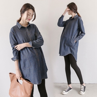 孕妇上衣时尚 牛仔衬衫 韩版 胖MM宽松连衣裙中长款 外套 大码 春秋新款