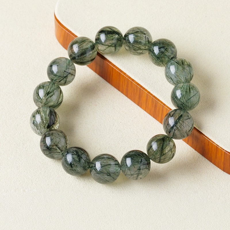 东海县天然水晶绿发晶圆珠手串绿发晶散珠半成品单圈手链水晶饰品
