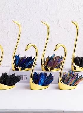 天然水晶黑碧玺原石天鹅摆件电镀蓝羽毛合金天鹅家居客厅酒柜摆件