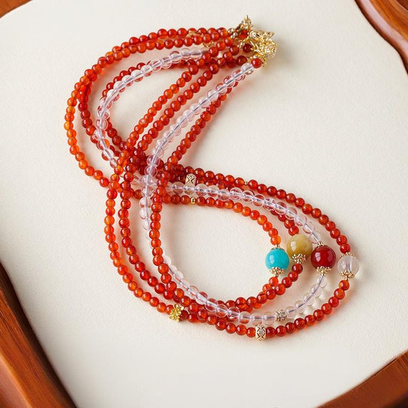 东海天然水晶南红红玛瑙圆珠项链原创白水晶国风新年马年项链饰品