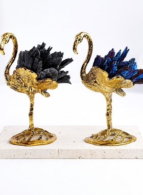 东海天然水晶原石黑碧玺火烈鸟摆件欧美轻奢风家居办公水晶工艺品