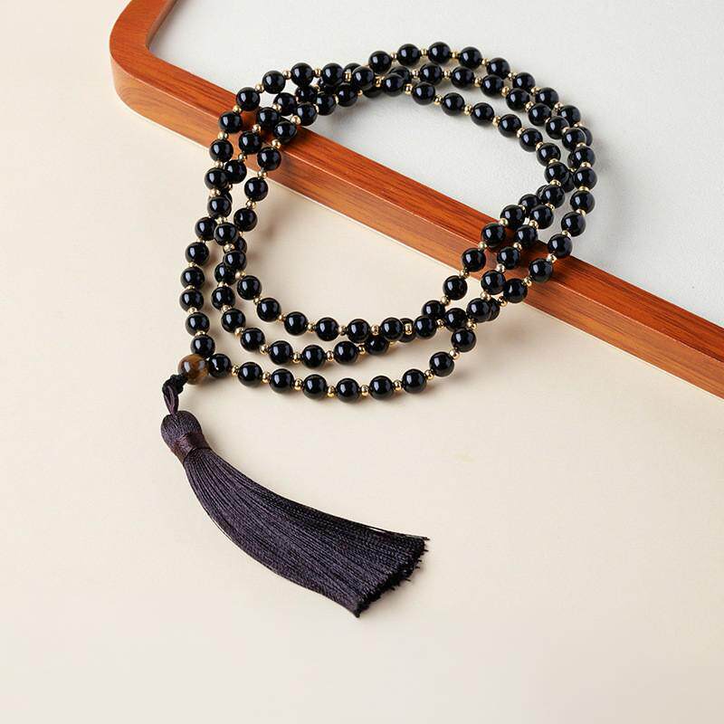 天然水晶黑曜石手链新中式禅意虎眼石黑曜石圆珠多圈流苏手串