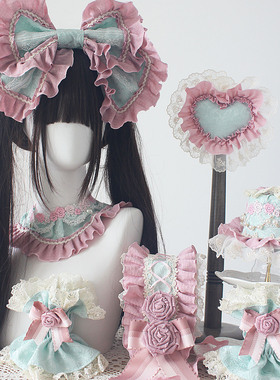 原创手作粉绿配色小物薄荷粉色LO裙配饰lolita发饰颈链发箍KC发带