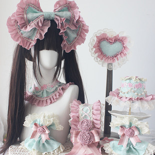 原创手作粉绿配色小物薄荷粉色LO裙配饰lolita发饰颈链发箍KC发带
