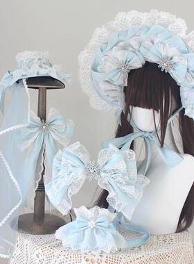 手作圣诞G小物套装lolita浅蓝bnt发饰浅粉蝴蝶结边夹洛丽塔头饰
