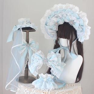 lolita浅蓝bnt发饰浅粉蝴蝶结边夹洛丽塔头饰 手作圣诞G小物套装