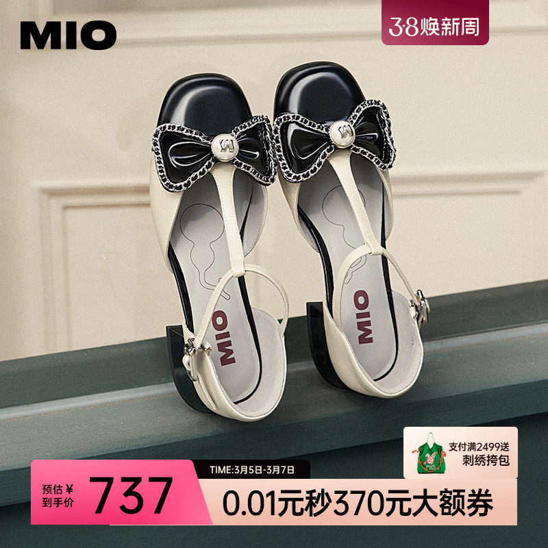 MIO米奥女鞋小香风凉鞋春夏新款甜美链条蝴蝶结法式浅口单鞋皮鞋