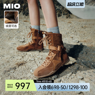 欧阳娣娣同款 拳击靴马丁靴绑带长靴 MIO米奥高帮赛车靴女2025新款