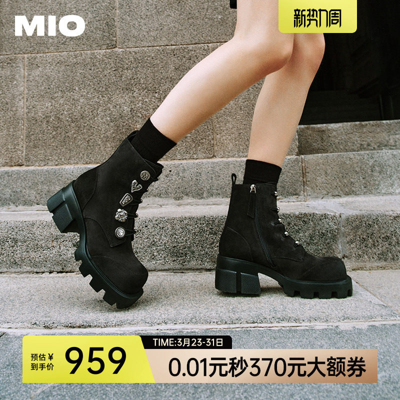 MIO米奥小众设计马丁靴圆头厚底机车靴酷感增高靴子系带靴