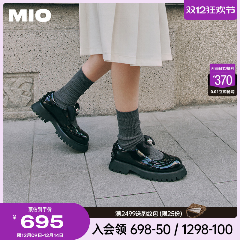 MIO米奥2025春季新款蝴蝶玛丽珍鞋圆头闪钻甜酷厚底黑色小皮鞋女