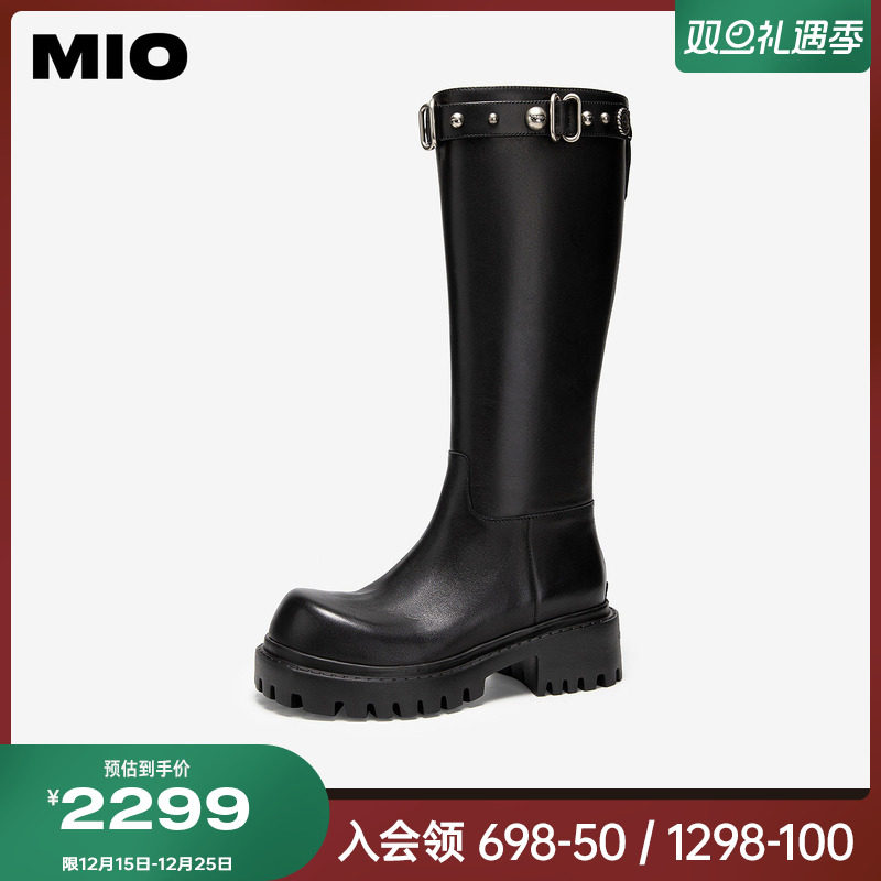 MIO米奥机车骑士靴厚底5cm女鞋冬季新款韩系铆钉黑色牛皮革长靴